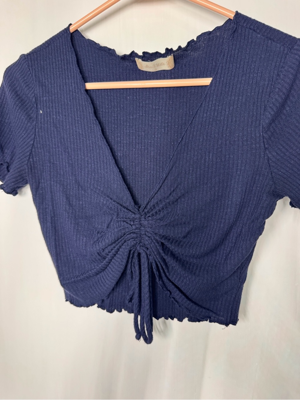 Altar'd State Navy Ribbed Drawstring V-Neck Crop Top